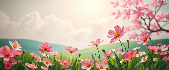 Delicate paper cut flowers bloom in a vibrant springtime landscape, sunlit clouds above,  card,  field
