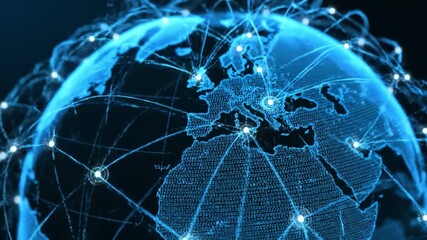 Digital globe visualization highlights global connectivity through advanced technology, showcasing vibrant blue networks that enhance data communication across Europe and beyond - Powered by Adobe