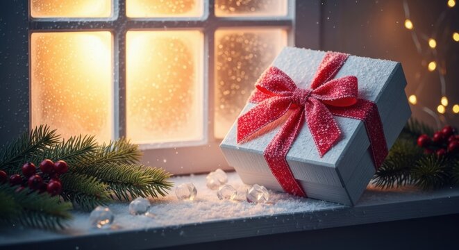 A beautifully wrapped gift box adorned with a vibrant red bow, placed on a snowy windowsill beside festive greenery, with softly glowing lights in the background creating a warm holiday ambiance