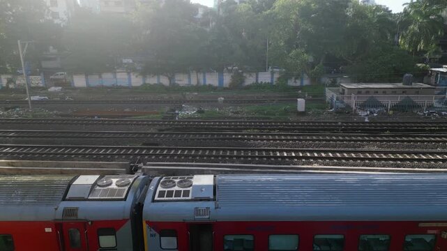 Moving long distance train ariel view 