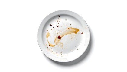 A white plate with leftover sauce and food remnants on a white background with subtle shadows