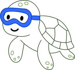 Cute Sea Animals Coloring Page – Fish with Goggles, Turtle, Octopus, Seahorse, and Crab Summer Illustration