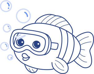 Cute Sea Animals Coloring Page – Fish with Goggles, Turtle, Octopus, Seahorse, and Crab Summer Illustration