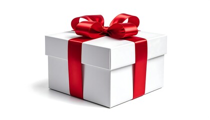 A white, square gift box wrapped with a red satin ribbon and bow, casting a soft shadow on a white background