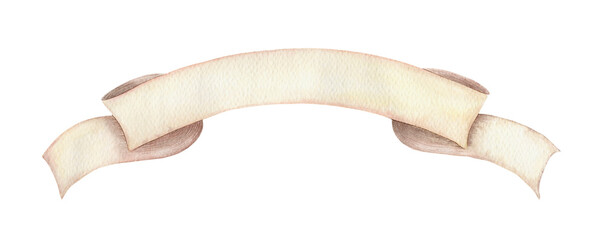 Wide paper scroll banner hand drawn in watercolor with sparkling glitter and pencil texture. Elegant beige ribbon with soft festive glow. Perfect for Christmas card poster and other seasonal project.