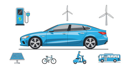 Fototapeta premium Sustainable Transportation and Energy Sources Electric Vehicles, Wind Turbines, and Solar Panels