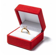 Elegant Gold Engagement Ring in a Red Velvet Box, Symbolizing Love and Commitment.