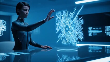 Woman interacting with a holographic city map, utilizing advanced urban planning and data analysis via future technology footage. - Powered by Adobe