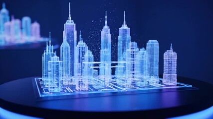 Digital city skyline hologram on round platform creating a futuristic urban planning and architectural simulation footage - Powered by Adobe