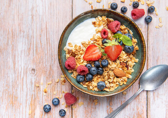 Granola bowl with fresh berries for a healthy breakfast