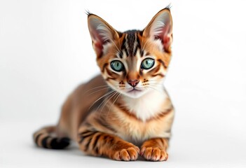 Fototapeta premium Graceful feline, sleek fur, elegant pose, pure white backdrop, calm, fluffy