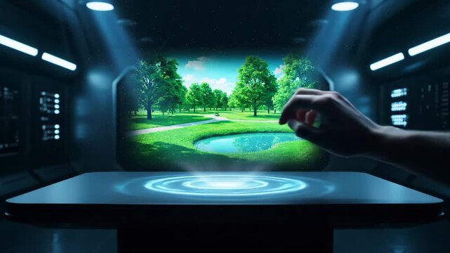 Man interacts with a virtual reality landscape projection, touching a holographic golf course scene with advanced technology footage.