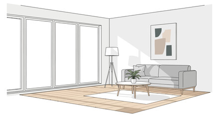 Modern living room interior design illustration showcasing a comfortable sofa, stylish minimalist coffee table, and bright natural light