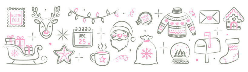 Hand drawn pastel pink and gray Christmas chalk doodle set. Cute festive elements Santa reindeer sleigh gifts sweater and snow globe. Cozy crayon chalk winter holiday illustration for decoration © Tasha