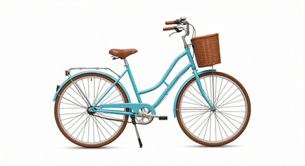 Isolated ladies light blue bicycle with wicker basket 