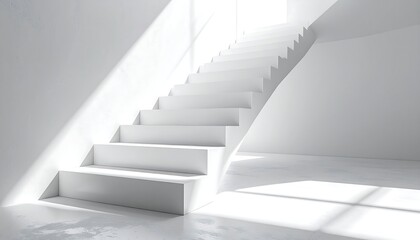 Obraz premium An all-white staircase ascending into bright light streaming from a window in a minimalist architectural design