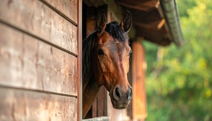 Brown Horse Gazing Out of Stable Window on a Farm.