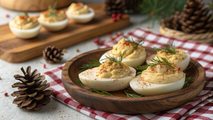 Thanksgiving holiday appetizer spread thanksgiving gathering holiday deviled egg garnish with dill on wooden plate for festive table setting