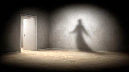 An image depicting haunted house interior spirit spooky darkness danger mental illness and fear closeup of an open door open in dark room with a shadow of a floating ghost on the wall Halloween