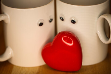 cute coffee chps with red heart - romantic breakfast concept