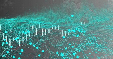 Showing 3D data on grid, with white candlesticks, turquoise dots, red line, floating waveforms