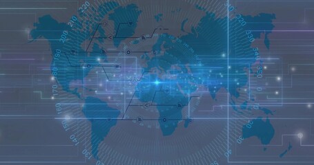 Displaying world map on heads-up display with glowing data network, light burst, grid overlay