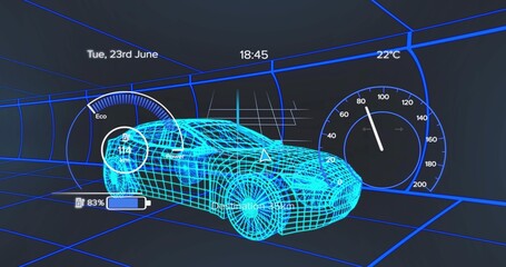 Displaying wireframe sedan model within virtual tunnel, with eco gauge and battery indicator