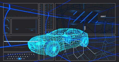 Floating 3D wireframe car model hovering in virtual interface, with numeric displays and hex grid