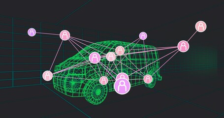 Displaying neon green wireframe minivan model in 3D grid space, showing pink user node network