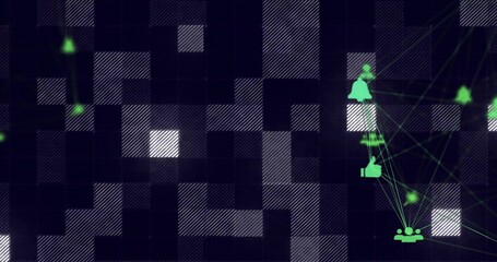Neon green social media icons connecting on grid backdrop, with glowing lines and dots, copy space