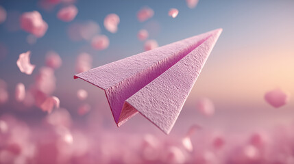 Paper plane falling downward pastel pink background symbolizing failure disappointment setback childhood nostalgia dreams hopes contrast comparison artificial intelligence generated image