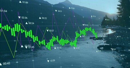 Overlaying translucent data on rocky lake shore at dawn, with green bars purple and yellow lines