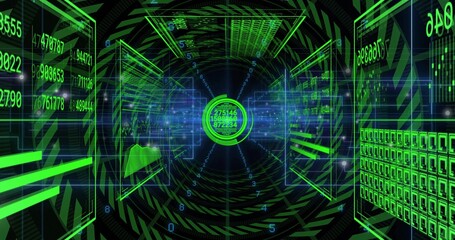 Glowing central data hub drawing binary code streams through virtual tunnel, with holographic grids