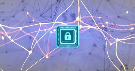 Floating square chip showcasing glowing padlock icon within mesh network, nodes and data streams