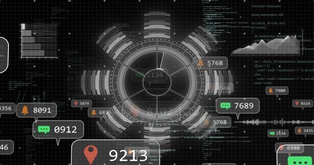 Rotating rings surrounding central HUD in dashboard, with notification bells and code snippets