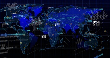 Displaying world map on command center dashboard, with hex grid, curved data lines, numeric labels