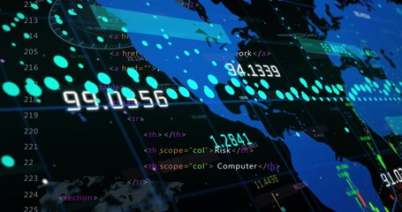 Displaying global map showing data in dashboard interface with numeric cyan overlays, HTML snippets