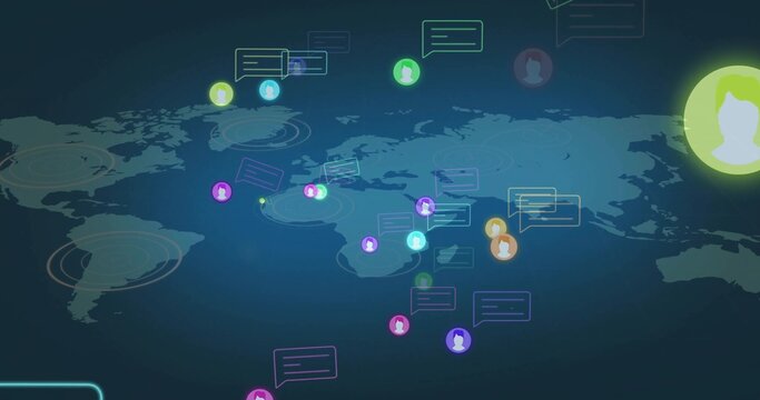 Displaying green avatar icon at right on world map interface with chat bubbles, ripples, copy space