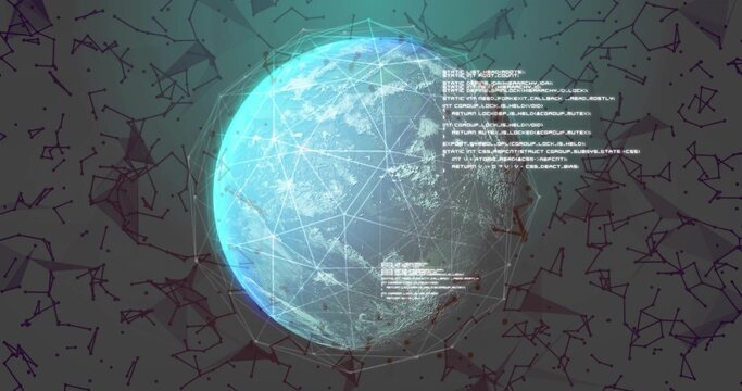 Naklejki Displaying digital globe hovering in abstract network space, with code snippets and node clusters
