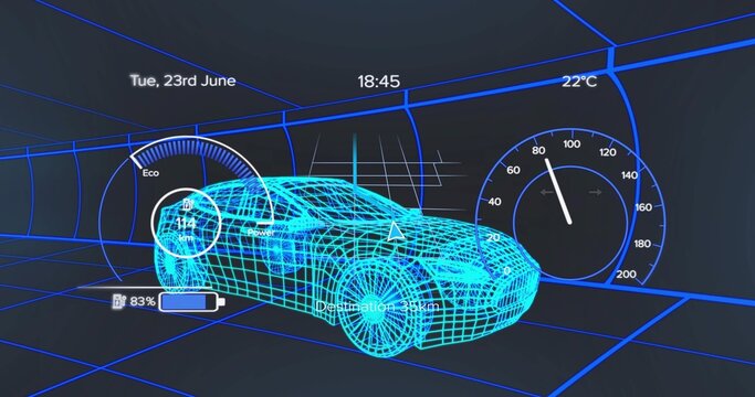 Displaying wireframe sedan model within virtual tunnel, with eco gauge and battery indicator