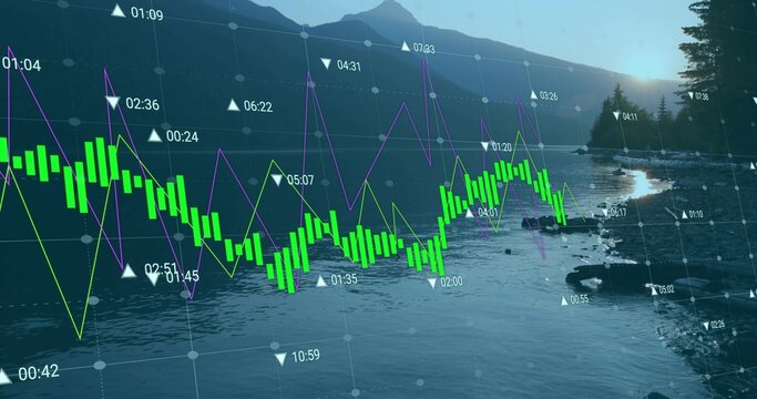 Overlaying translucent data on rocky lake shore at dawn, with green bars purple and yellow lines - Powered by Adobe