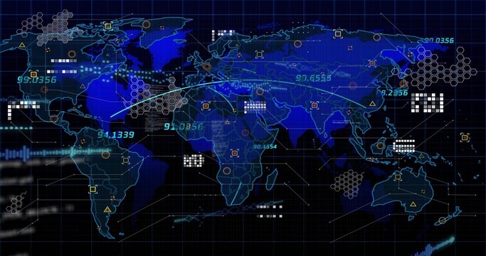 Displaying world map on command center dashboard, with hex grid, curved data lines, numeric labels