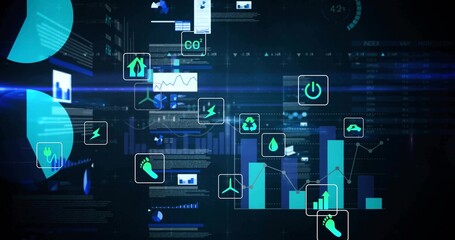 Showing floating CO2 and recycling icons with trend charts on dashboard, tracking sustainability