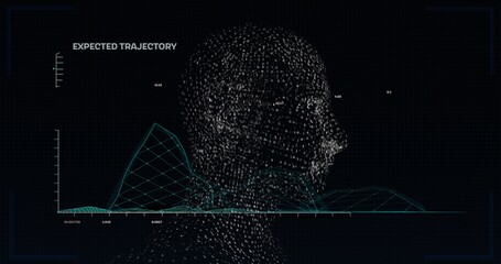 Displaying wireframe head composed of binary digits in data analysis interface, with 3D mesh graph