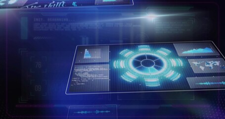 Displaying neon-blue interface with data arcs and graphs in command center, with holographic panels
