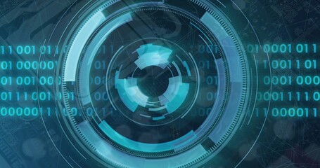 Scrolling binary streams on digital screen, rotating HUD rings, radial arcs and circuit traces