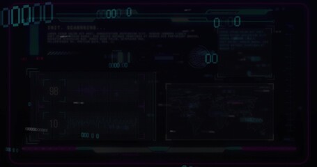 Displaying HUD on dark panel, with grid readouts, world map, globe, code scanning text, neon border