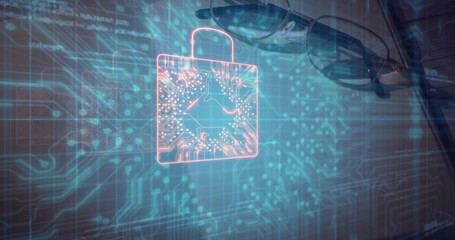 Hovering neon padlock hologram in office, showing circuit schematic, glasses, grid of glowing nodes