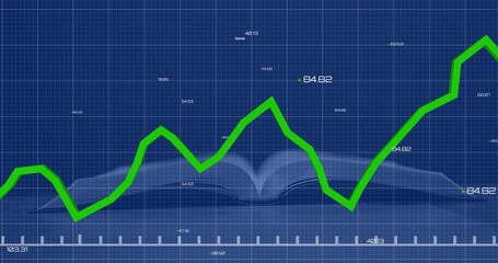 Fototapeta premium Displaying bright green line graph with numeric labels on blueprint grid overlaying book silhouette