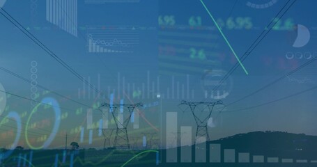 Featuring steel lattice pylons and power lines stretching at dusk rural field, with data overlays